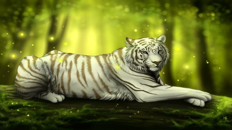 White Tiger in Forest — Green, Serene, Digital Art
