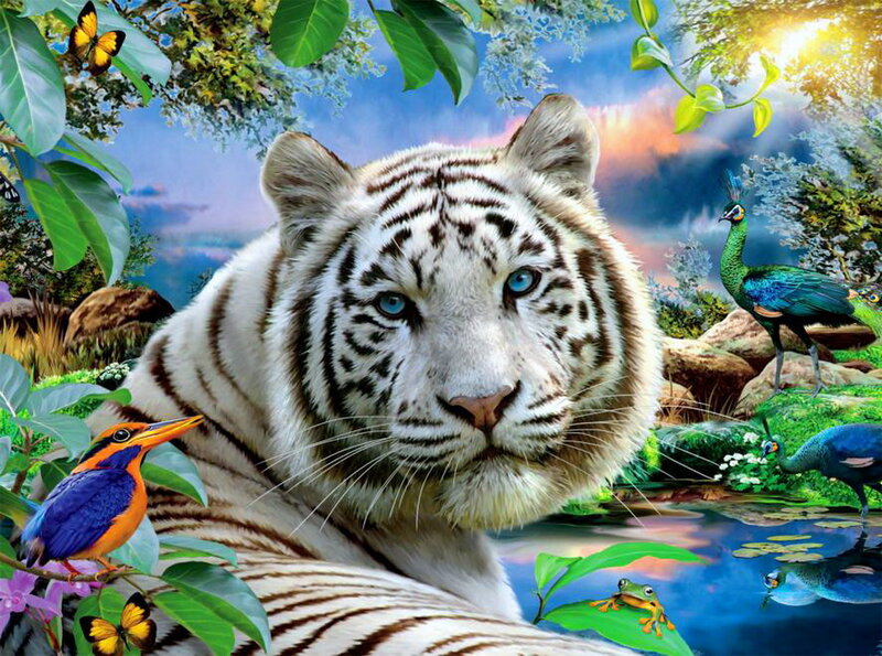 White Tiger in Jungle — Green, Serene, Sunset