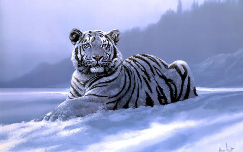 White Tiger in Snow — Serene, Winter, Digital Art, Mountains, Forest