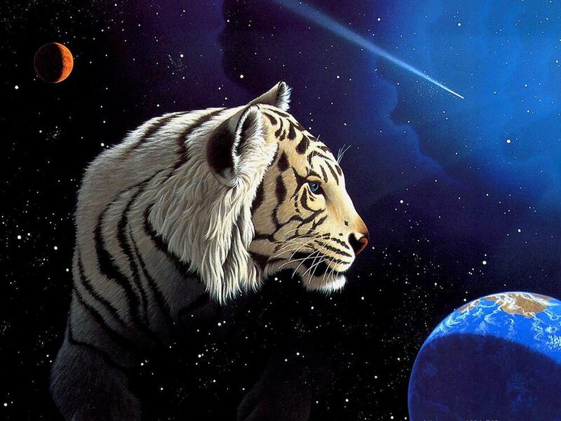 White Tiger in Space — Blue, Dramatic, Digital Art
