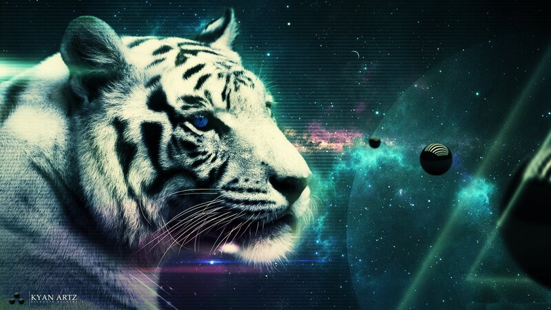 White Tiger in Space — Blue, Dramatic, Night, Digital Art