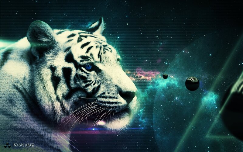 White Tiger in Space — Blue, Dramatic, Night