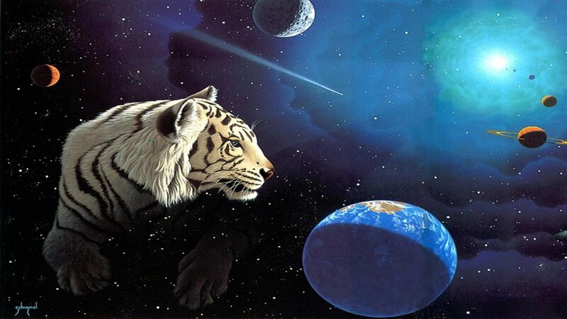 White Tiger in Space — Blue, Dramatic