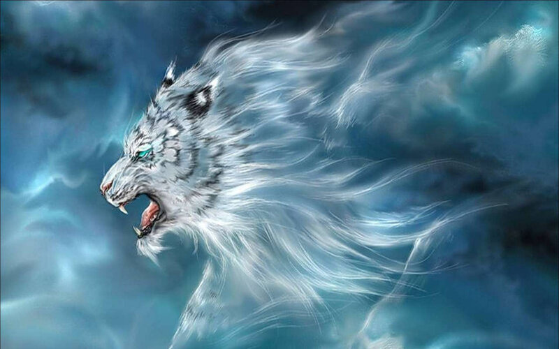 White Tiger in Storm — Blue, Dramatic, Digital Art, Clouds