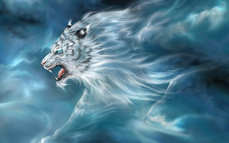 White Tiger in Storm — Blue, Dramatic, Digital Art