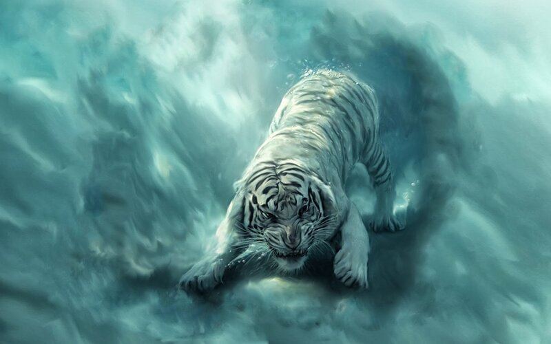 White Tiger in Water — Blue, Dramatic, Digital Art, Bubbles