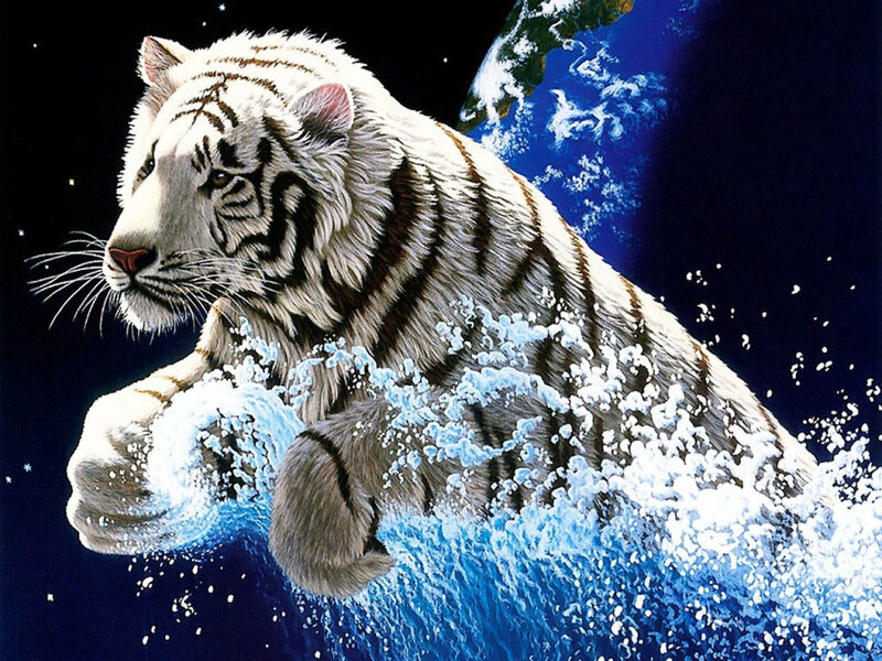 White Tiger in Water — Blue, Dramatic, Digital Art, Earth