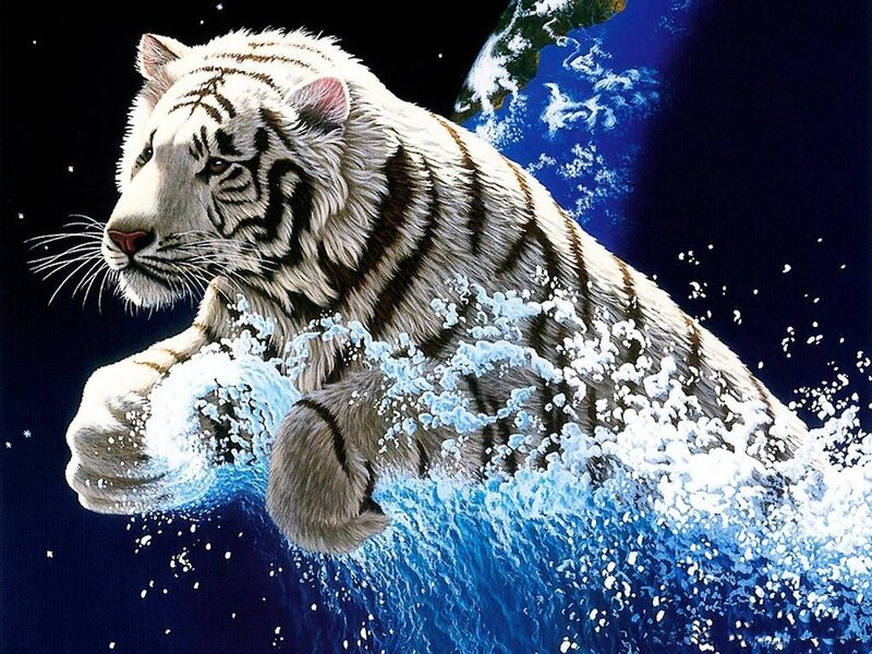 White Tiger in Water — Blue, Dramatic, Digital Art