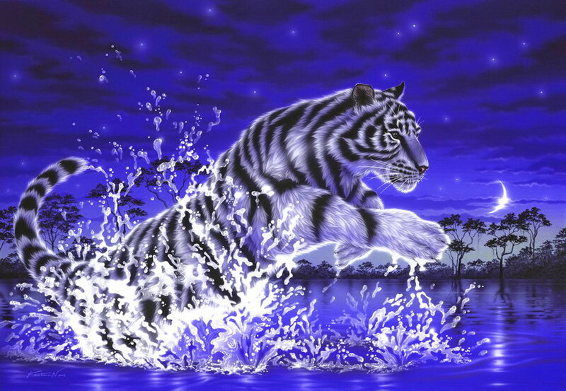 White Tiger in Water — Blue, Dramatic, Night