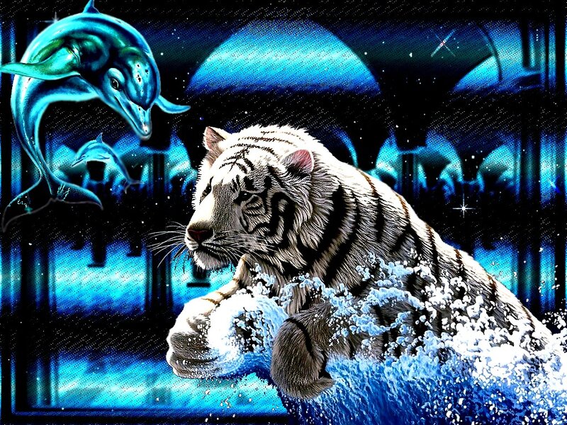 White Tiger in Water — Blue, Fantastical
