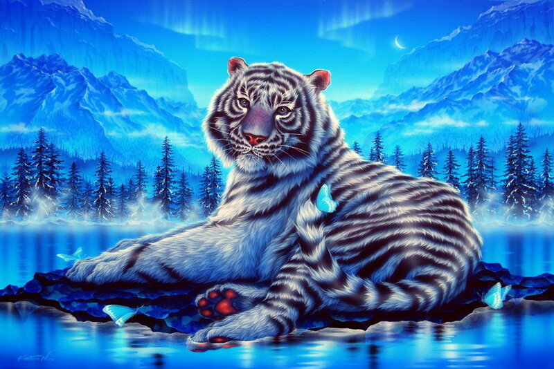 White Tiger on Rock — Blue, Serene
