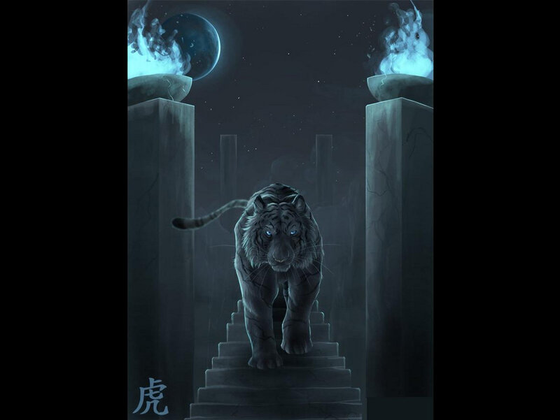 White tiger on stone stairs