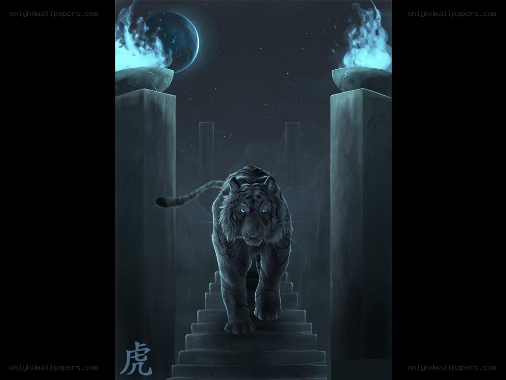 White tiger on stone stairs