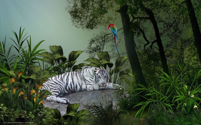 White Tiger Resting — Green, Serene, Digital Art