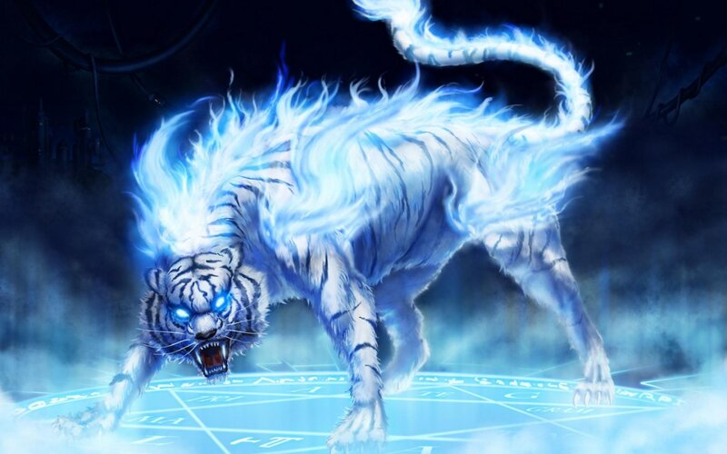 White Tiger with Blue Flames — Dramatic, Night, Digital Art, Magic Circle, Dark Background