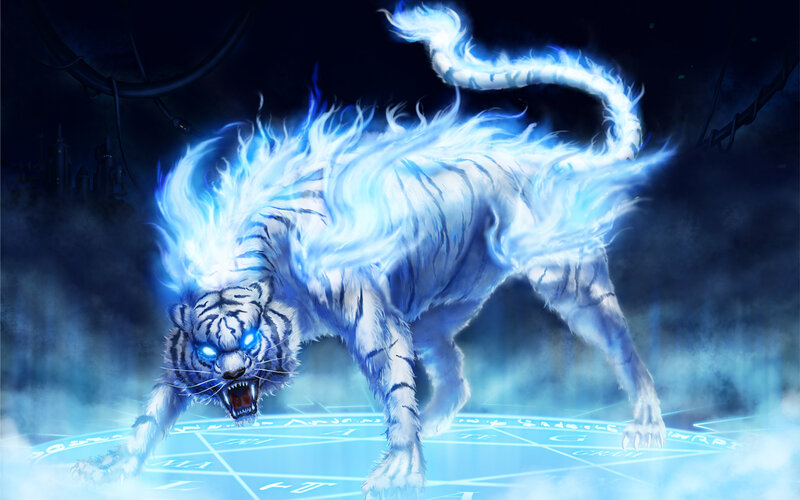 White Tiger with Blue Flames — Dramatic, Night, Digital Art