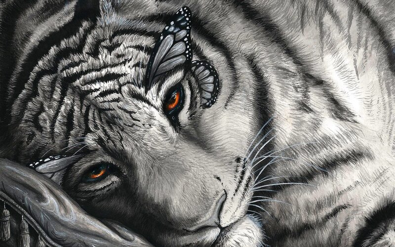 white tiger with butterfly