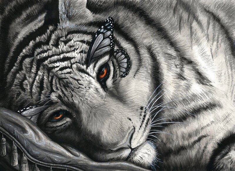 White Tiger with Butterfly — Black, Calm, Illustration