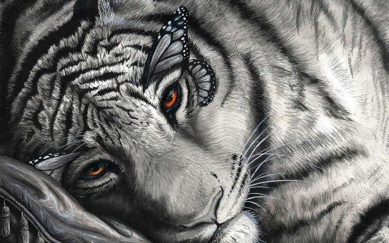 White Tiger with Butterfly — Black, Calm