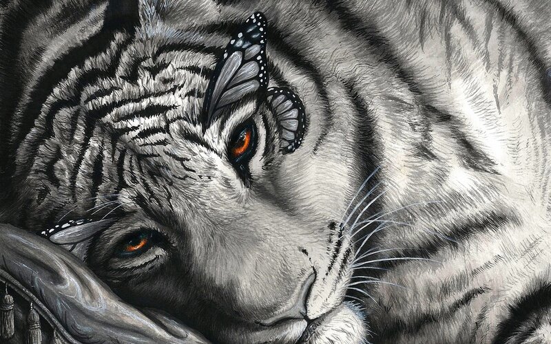 White Tiger with Butterfly — Black