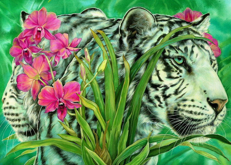 White Tiger with Orchids — Green