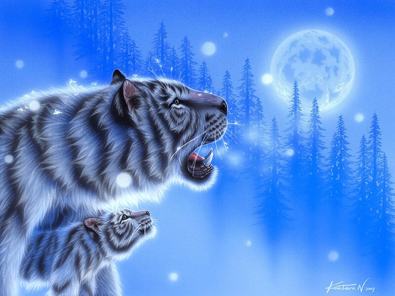 White Tigers in Forest — Blue, Dramatic