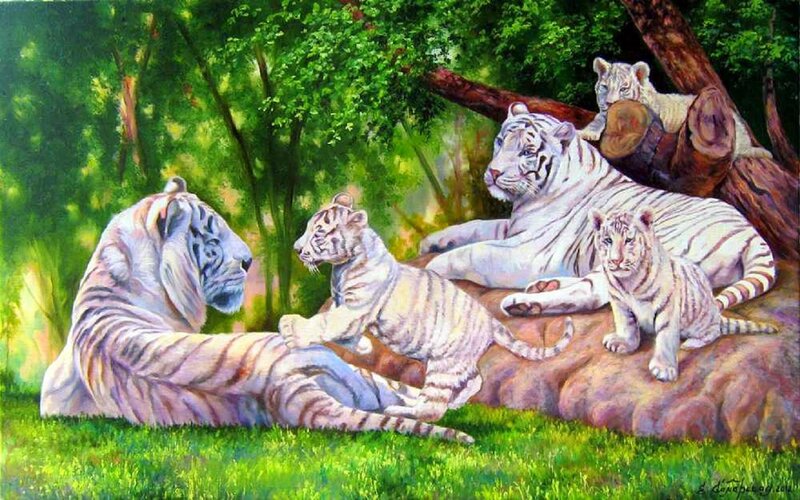 White Tigers in Forest — Green, Serene, Afternoon, Painting