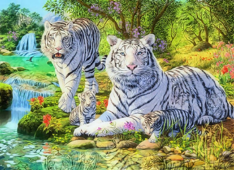 White Tigers in Forest — Green, Serene, Afternoon