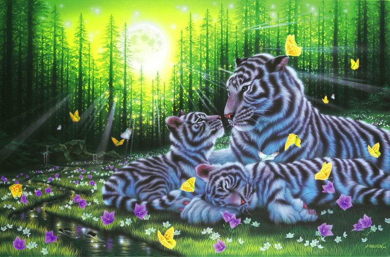 White Tigers in Forest — Green, Serene