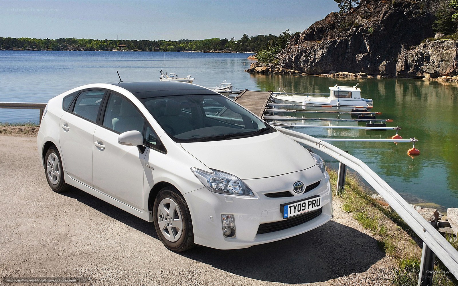 White Toyota Prius by the water