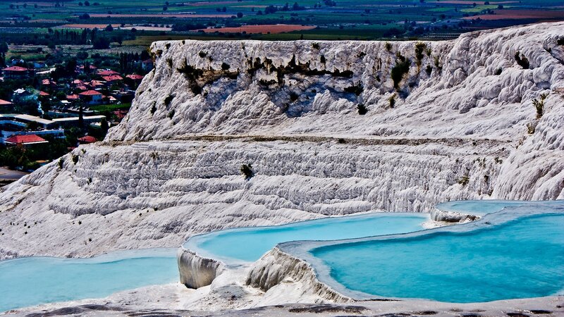 White Travertine Terraces — Serene, Afternoon, Photograph, Pools, Village