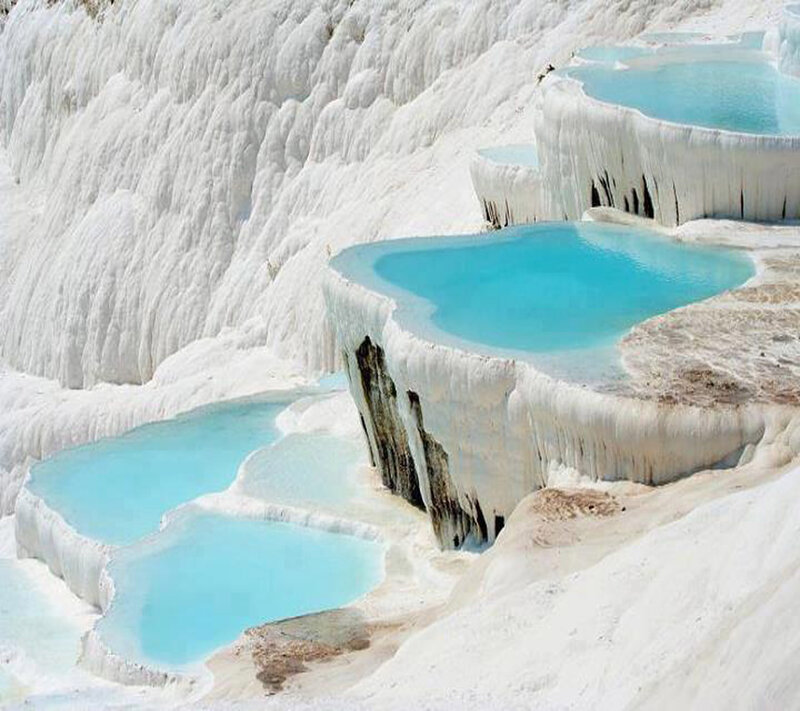 White Travertine Terraces — Serene, Afternoon, Photograph, Pools, Water, Rock Formations