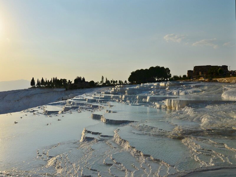 White Travertine Terraces — Serene, Sunset
