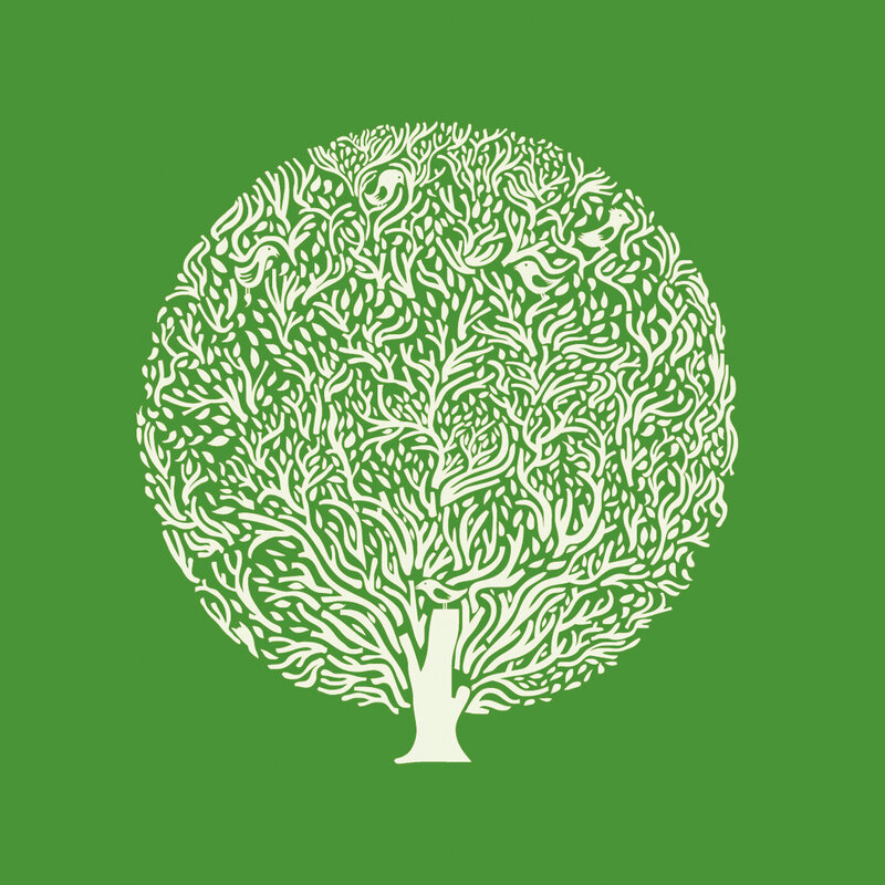 white tree with birds on green