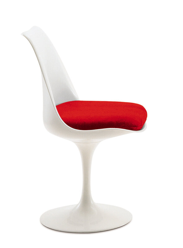 white tulip chair with red cushion