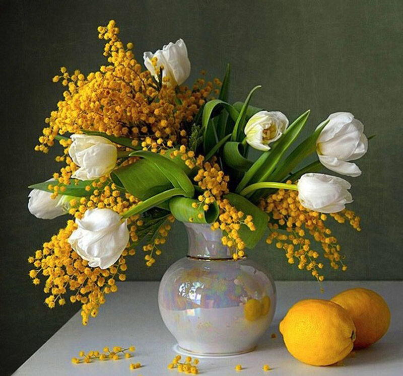 White Tulips and Mimosa — Yellow, Calm, Spring