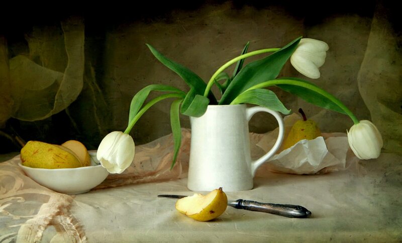 White Tulips and Pears