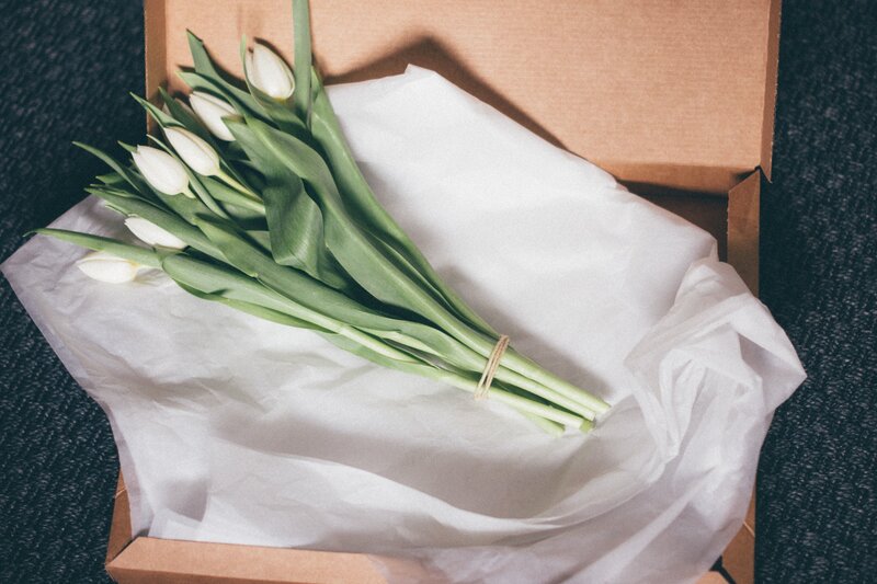 white tulips in a box