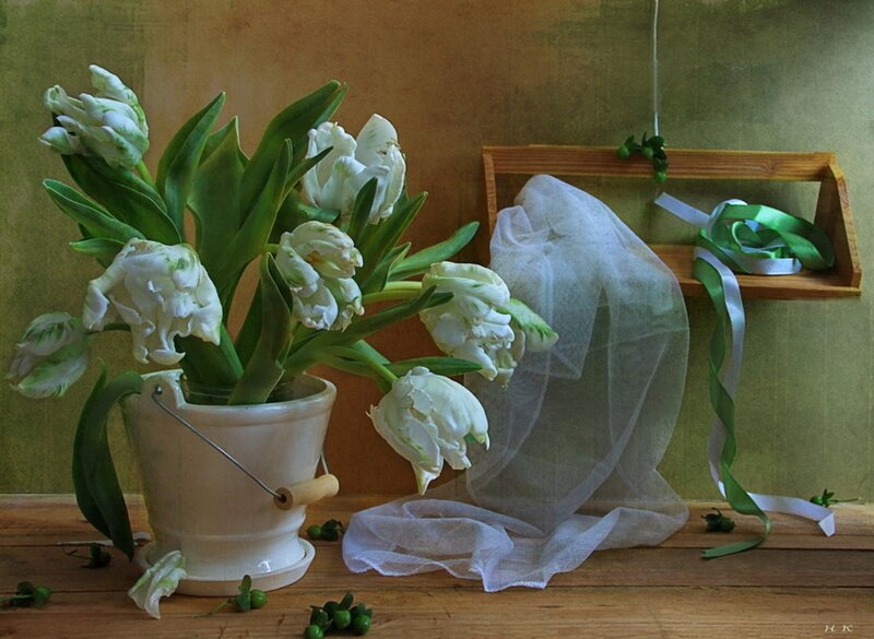 White Tulips in a Bucket — Green