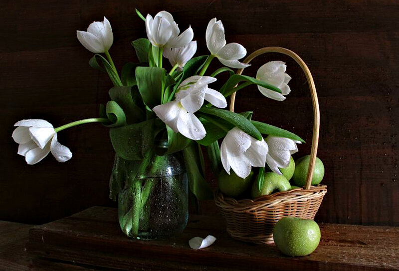 White Tulips in Basket — Serene, Photograph, Green Apples