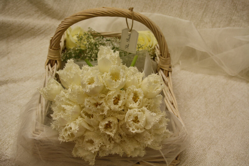 White Tulips in Basket — Serene, Photograph, Tag