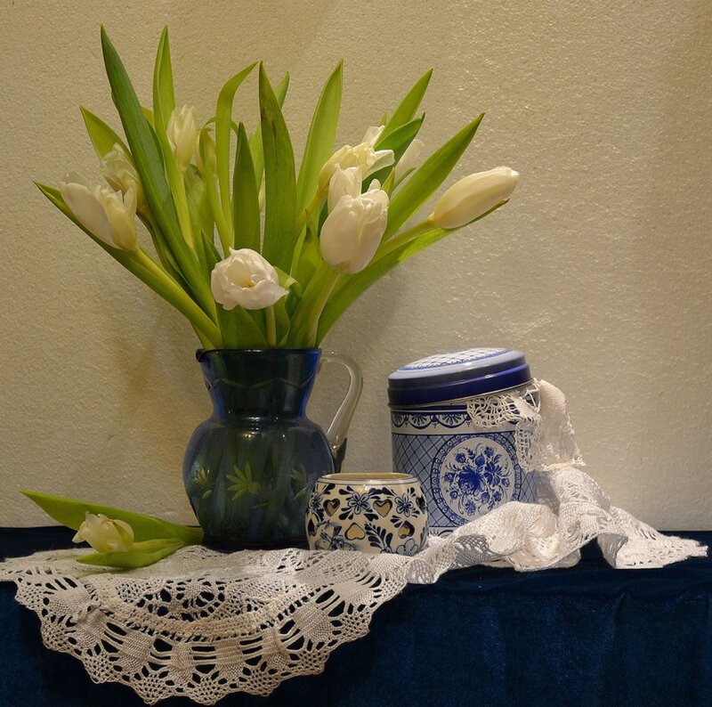 White Tulips in Vase — Blue