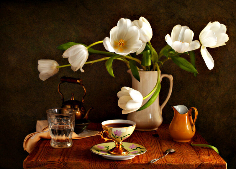 White Tulips in Vase — Brown