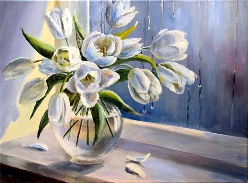 White Tulips in Vase — Calm, Painting