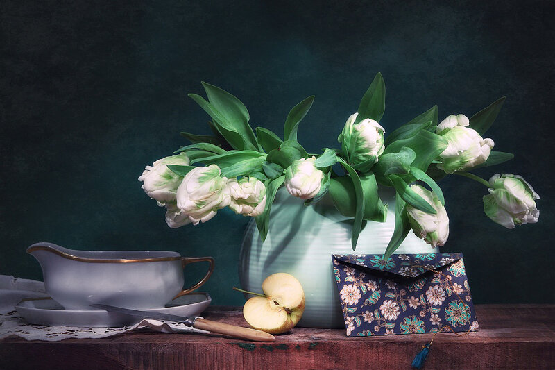 White Tulips in Vase — Green, Dramatic