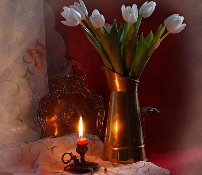 White Tulips in Vase — Red