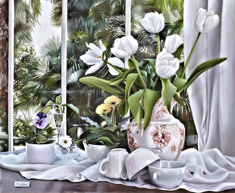 White Tulips in Vase — Serene, Afternoon, Painting, Teacups