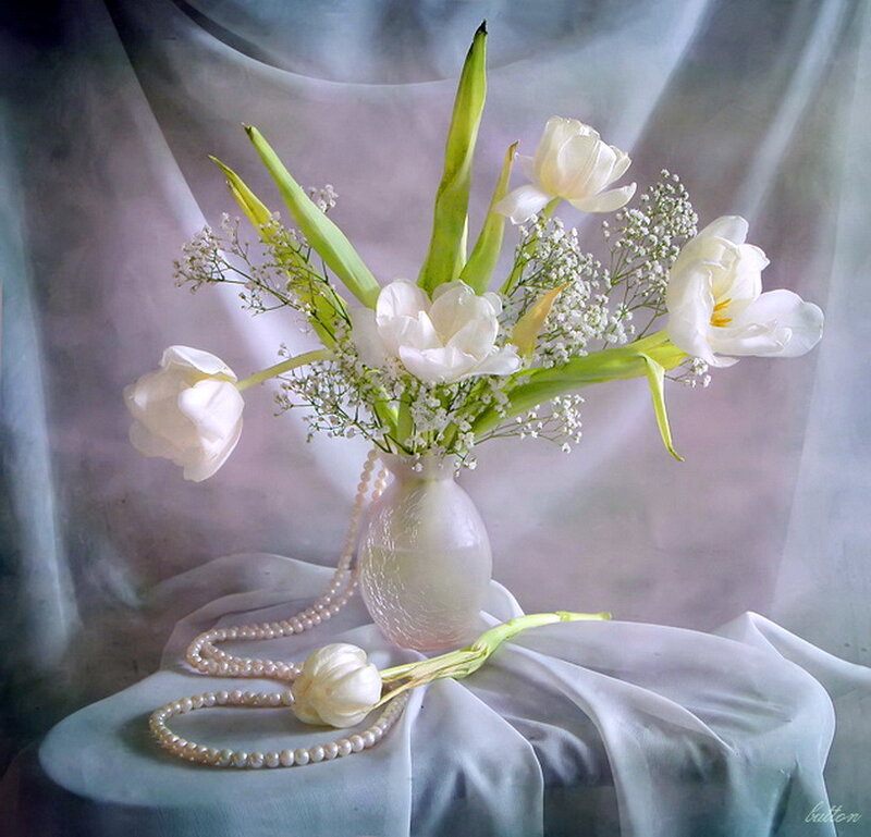 White Tulips in Vase — Serene, Photograph, Pearl Necklace