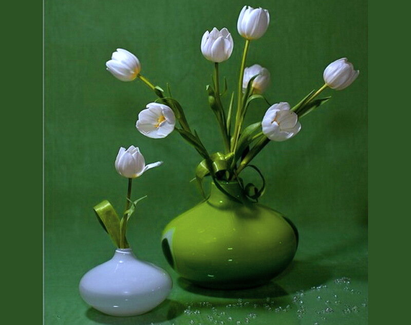 White Tulips in Vases — Green