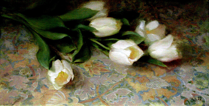 White tulips on patterned fabric